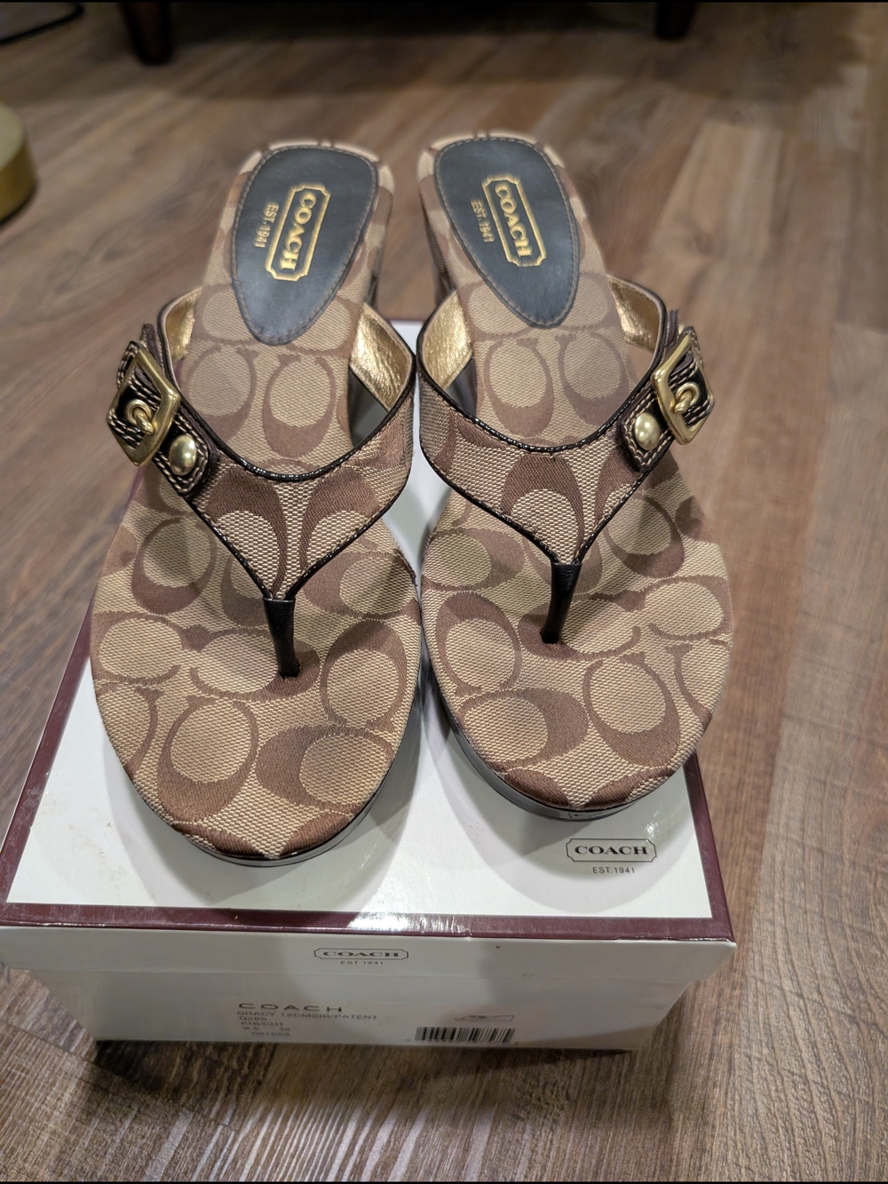 COACH Tan Signature Wedge Sandals with Gold Buckle 9.5 - Picture 2 of 5